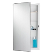 Jensen (Formerly Broan) Builder Series Recess Mount 1 Door Medicine Cabinet w/ Basic White Finish, Polished Stainless Steel Frame, Plastic Construction w/ 3 Fixed Plastic Shelves, 16''W x 3-3/4''D x 26''H
