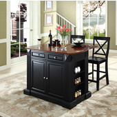  Drop Leaf Breakfast Bar Top Kitchen Island, Black, 47 3/4'' W x 23 3/4'' D x 36'' H, with X-Back Stools