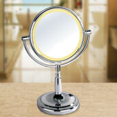  Cosmetic Mirror Collection 8'' Diameter Round 360° LED Lighted Table Makeup Double Sided Mirror, Battery Operated, Polished Chrome
