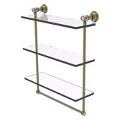  Carolina Crystal Collection 16'' Triple Glass Shelf with Towel Bar in Antique Brass, 16'' W x 5-9/16'' D x 19-11/16'' H