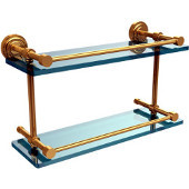  Dottingham 16 Inch Double Glass Shelf with Gallery Rail, Unlacquered Brass