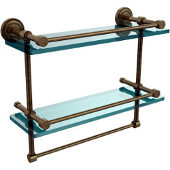  Dottingham 16 Inch Gallery Double Glass Shelf with Towel Bar, Antique Brass