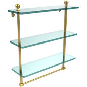  Mambo Collection 16 Inch Triple Tiered Glass Shelf with Integrated Towel Bar, Unlacquered Brass