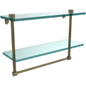  16 Inch Two Tiered Glass Shelf with Integrated Towel Bar, Antique Brass