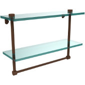  16 Inch Two Tiered Glass Shelf with Integrated Towel Bar, Antique Bronze
