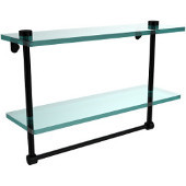  16 Inch Two Tiered Glass Shelf with Integrated Towel Bar, Matte Black