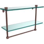  16 Inch Two Tiered Glass Shelf with Integrated Towel Bar, Antique Copper