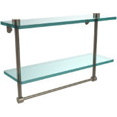  16 Inch Two Tiered Glass Shelf with Integrated Towel Bar, Antique Pewter