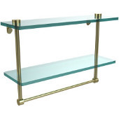  16 Inch Two Tiered Glass Shelf with Integrated Towel Bar, Satin Brass
