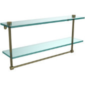  22 Inch Two Tiered Glass Shelf with Integrated Towel Bar, Antique Brass