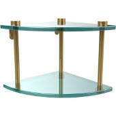  Two Tier Corner Glass Shelf, Unlacquered Brass