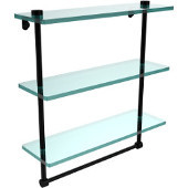  16 Inch Triple Tiered Glass Shelf with Integrated Towel Bar, Matte Black