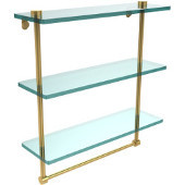  16 Inch Triple Tiered Glass Shelf with Integrated Towel Bar, Unlacquered Brass