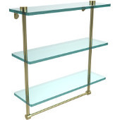  16 Inch Triple Tiered Glass Shelf with Integrated Towel Bar, Satin Brass