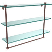  22 Inch Triple Tiered Glass Shelf with Integrated Towel Bar, Antique Copper