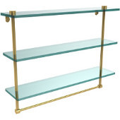  22 Inch Triple Tiered Glass Shelf with Integrated Towel Bar, Polished Brass