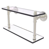  Pipeline Collection 16'' Double Glass Shelf in Satin Nickel, 16'' W x 5-5/8'' D x 9-3/8'' H