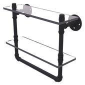 Pipeline Collection 16'' Double Glass Shelf with Towel Bar in Matte Black, 16'' W x 5-5/8'' D x 13-3/16'' H