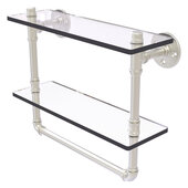  Pipeline Collection 16'' Double Glass Shelf with Towel Bar in Satin Nickel, 16'' W x 5-5/8'' D x 13-3/16'' H