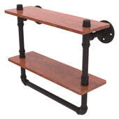  Pipeline Collection 16'' Double Ironwood Shelf with Towel Bar in Matte Black, 16'' W x 5-5/8'' D x 13-3/16'' H