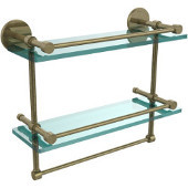 16 Inch Gallery Double Glass Shelf with Towel Bar, Antique Brass