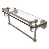  Pacific Grove Collection 16'' Glass Shelf with Gallery Rail and Towel Bar with Smooth Accent in Antique Brass, 16'' W x 5-1/2'' D x 6-13/16'' H