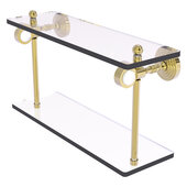  Pacific Grove Collection 16'' Two Tiered Glass Shelf with Smooth Accent in Unlacquered Brass, 16'' W x 5-1/8'' D x 9-5/16'' H