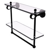  Pacific Grove Collection 16'' Double Glass Shelf with Towel Bar and Grooved Accents in Matte Black, 16'' W x 5-1/8'' D x 13'' H