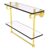  Pacific Grove Collection 16'' Double Glass Shelf with Towel Bar and Grooved Accents in Polished Brass, 16'' W x 5-1/8'' D x 13'' H