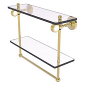  Pacific Grove Collection 16'' Double Glass Shelf with Towel Bar and Grooved Accents in Unlacquered Brass, 16'' W x 5-1/8'' D x 13'' H