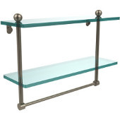  16 Inch Two Tiered Glass Shelf with Integrated Towel Bar, Antique Pewter