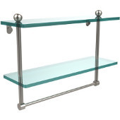  16 Inch Two Tiered Glass Shelf with Integrated Towel Bar, Satin Nickel