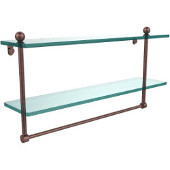  22 Inch Two Tiered Glass Shelf with Integrated Towel Bar, Antique Copper