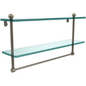  22 Inch Two Tiered Glass Shelf with Integrated Towel Bar, Antique Pewter