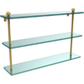  22 Inch Triple Tiered Glass Shelf, Unlacquered Brass