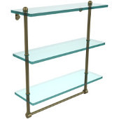 16 Inch Triple Tiered Glass Shelf with Integrated Towel Bar, Antique Brass
