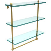  16 Inch Triple Tiered Glass Shelf with Integrated Towel Bar, Polished Brass