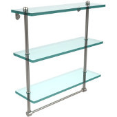  16 Inch Triple Tiered Glass Shelf with Integrated Towel Bar, Satin Nickel