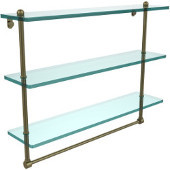  22 Inch Triple Tiered Glass Shelf with Integrated Towel Bar, Antique Brass