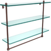  22 Inch Triple Tiered Glass Shelf with Integrated Towel Bar, Antique Copper