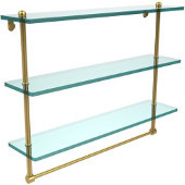  22 Inch Triple Tiered Glass Shelf with Integrated Towel Bar, Unlacquered Brass