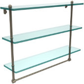  22 Inch Triple Tiered Glass Shelf with Integrated Towel Bar, Antique Pewter