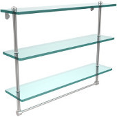 22 Inch Triple Tiered Glass Shelf with Integrated Towel Bar, Satin Chrome
