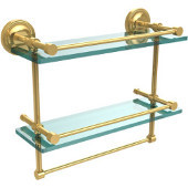  16 Inch Gallery Double Glass Shelf with Towel Bar, Unlacquered Brass