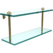  16 Inch Two Tiered Glass Shelf, Satin Brass