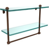  16 Inch Two Tiered Glass Shelf with Integrated Towel Bar, Antique Bronze