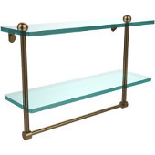  16 Inch Two Tiered Glass Shelf with Integrated Towel Bar, Brushed Bronze
