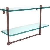  16 Inch Two Tiered Glass Shelf with Integrated Towel Bar, Antique Copper