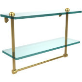  16 Inch Two Tiered Glass Shelf with Integrated Towel Bar, Polished Brass