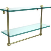  16 Inch Two Tiered Glass Shelf with Integrated Towel Bar, Satin Brass